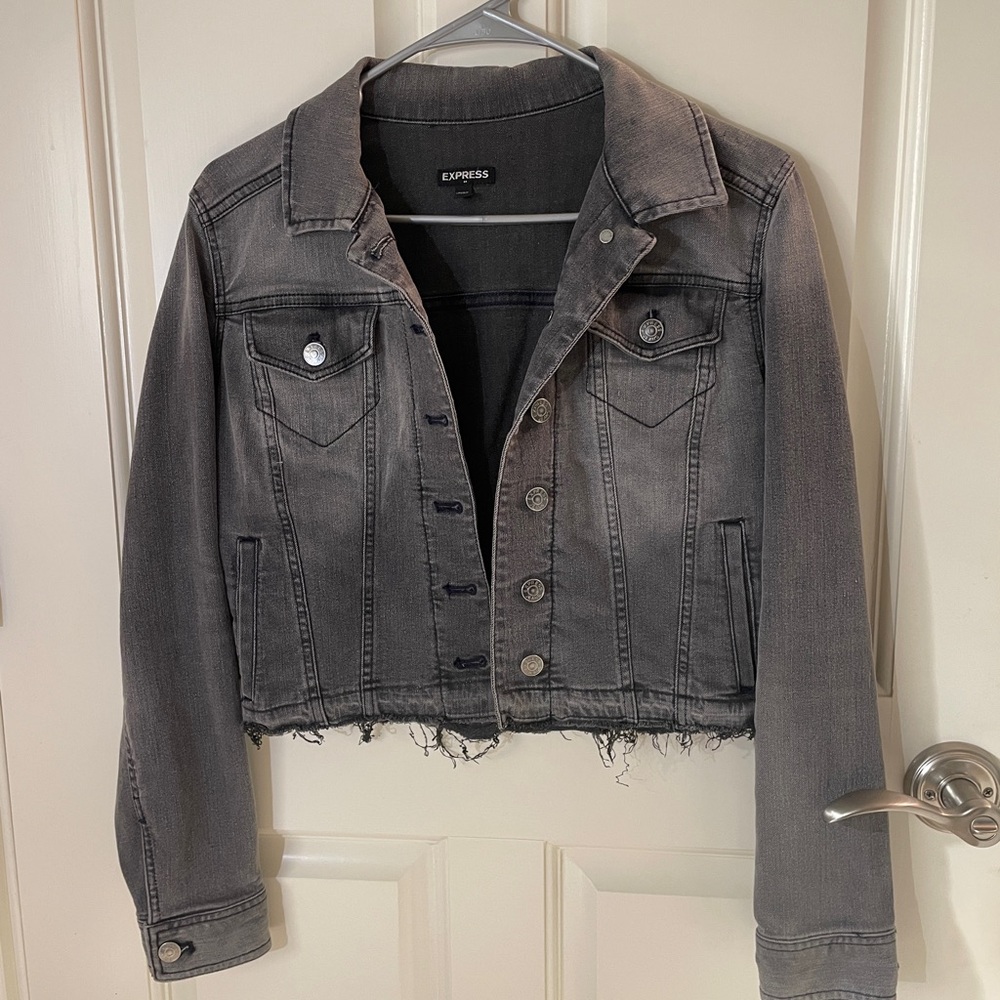Express Distressed Cropped Gray Denim Jacket